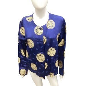 VTG April Cornell Women’s Top Size L Button Down Silk Blend Dark Blue And Gold